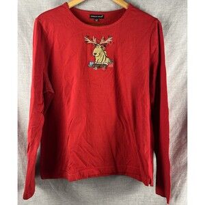 Vtg Carolyn Taylor Long Sleeve T-shirt Sz XL Red Christmas Moose Reindeer Beaded